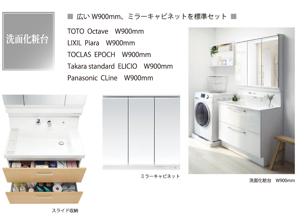 洗面化粧台は広い幅900mmでミラーキャビネット付き。