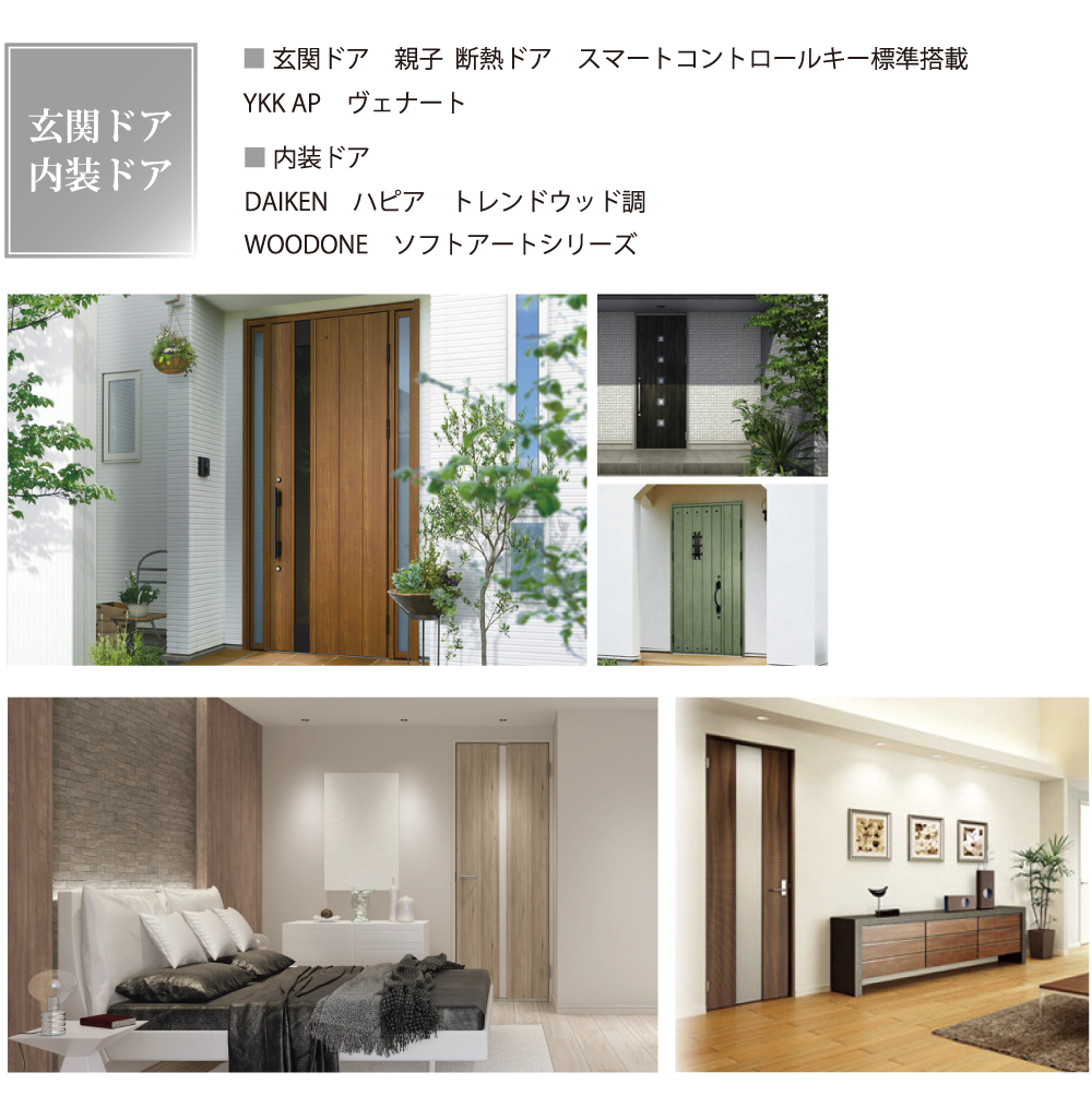 玄関ドアは断熱ドアでスマートコントロールキー標準搭載のYKK APヴェナート。内装ドアはDAIKENハピア トレンドウッド調またはWOODONE ソフトアートシリーズ。