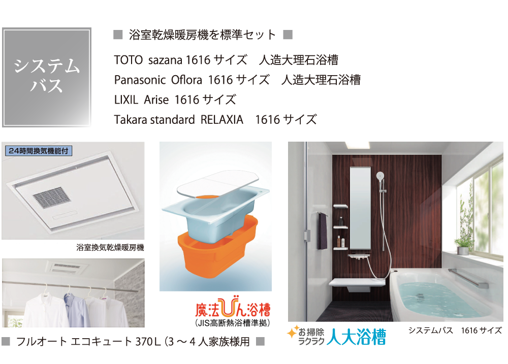 システムバスは浴室乾燥暖房機を標準セット。24時間換気機能付き