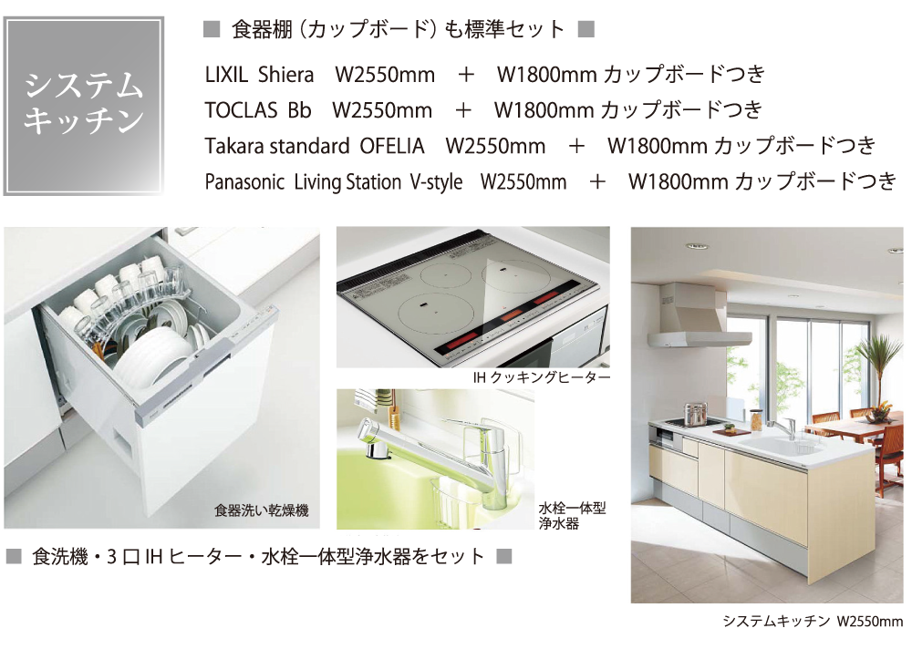 システムキッチンは食器棚(カップボード)標準セット。IHクッキングヒーターや食器洗い乾燥機、水栓一体型浄水器など